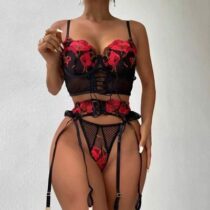Ensemble Sous Vêtements Femmes - 3 pièces - Bustier + String +porte jarretelle