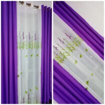 Rideaux Fleuries - Ensemble 2 Tissus Lourds + 1 Voilage - Violet/Blanc