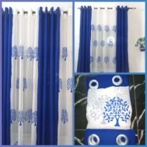 Rideaux dÃ©coratifs Ã  motifs Arbres - Ensemble 2 Tissus Lourds + 1 Voilage - Bleu/Blanc