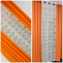 Rideaux dÃ©coratifs Ã  motifs triangulaires - Ensemble 2 Tissus Lourds + 1 Voilage - Orange/Blanc