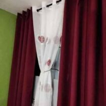 Rideaux dÃ©coratifs Ã  motifs circulaire - Ensemble 2Tissus Lourds + 1 Voilage - Bordeaux/Blanc