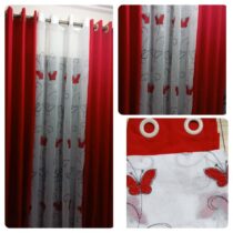 Rideaux dÃ©coratifs Ã  motifs papillons - Ensemble 2 Tissus Lourds + 1 Voilage - Rouge/Blanc