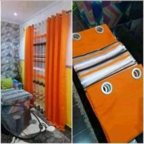 Rideaux dÃ©coratifs Ã  motifs Bandes Multicolores - Ensemble 2Tissus Lourds + 1 Voilage - Orange/Blanc
