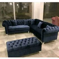 Canapé d'Angle en Velours + 1 Pouffe - Semi Chignons - 5 Places